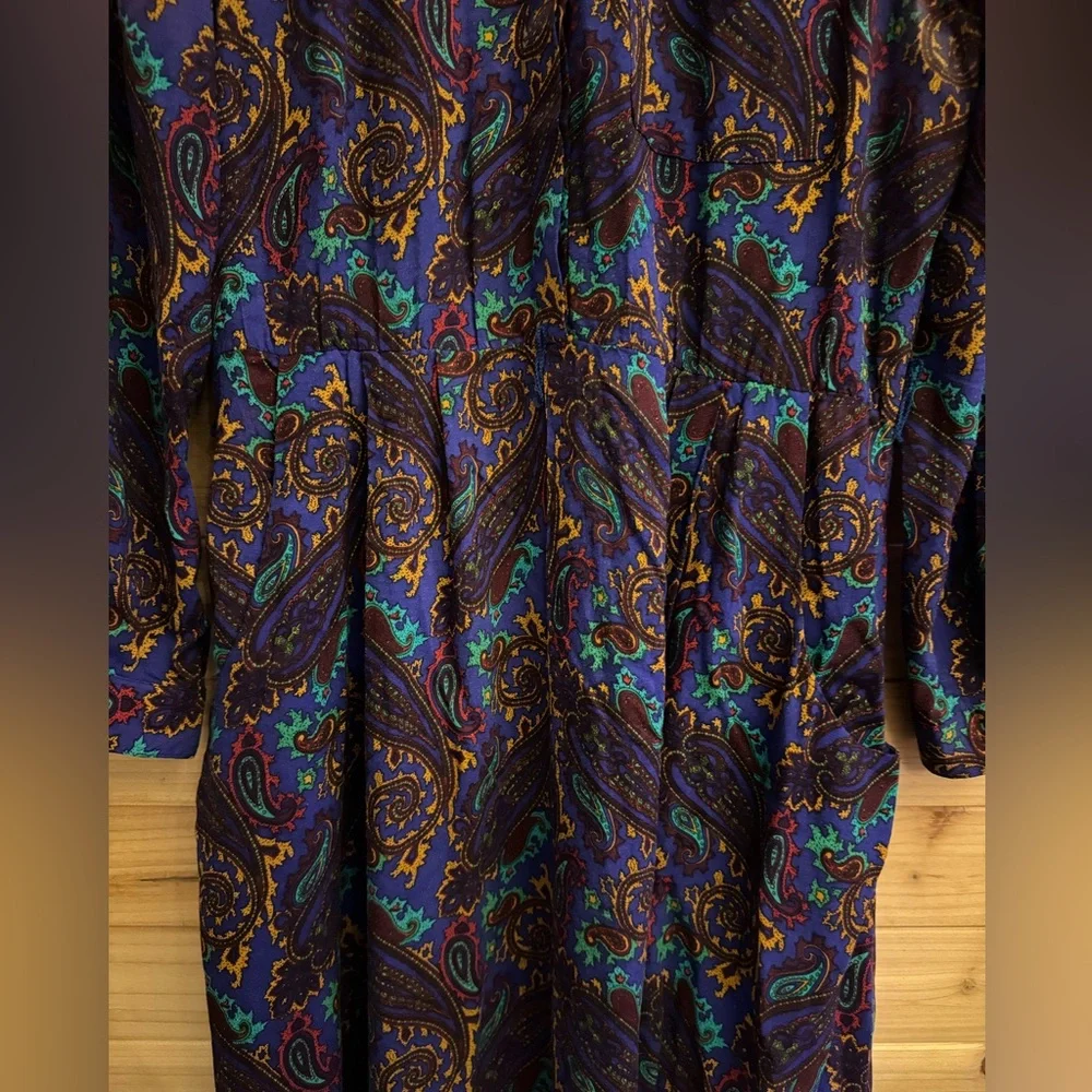 Vintage 80’s Raoul Large Retro Bold Colorful Paisley Collared Midi Dress Western - Picture 6 of 13